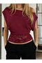 Women's Short-Sleeved Boat Neck Crop Blouse with Lace Detail at Waist - 2