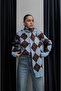 Blue Shawl and Diamond Patterned Polo Collar Sweater - 3