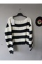 Women's White Khaki Striped Wide Collar Knit Sweater - 7