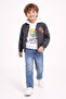 Gray Embroidered Jacket and Jean Trousers Boys' Hooded 3-Piece Set 23524