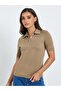 Women Beige Embellished Collar Polo T-Shirt - 3