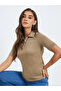 Women Beige Embellished Collar Polo T-Shirt