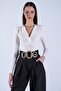 White Double-Breasted Collar, Padded Shoulders, Bottom Snap Buttons Sandy Blouse Alc-X15123 - 5