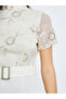 Women White Lace Short Sleeves Sheath Maxi Dress - 4