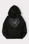 Printed Oversize Zippered Black Unisex Hooded Cardigan