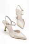 Women's beige satin heeled shoes with gold heel detail - 3