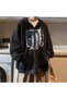 Printed Oversize Zippered Black Unisex Hooded Cardigan - 2