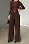 Women's Brown Pleated Belt Pack Wide Leg Pants - 2