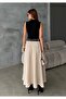 Women's Beige Pleated Maxi Size Belt Piece Woven Skirt - 4