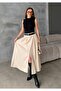 Women's Beige Pleated Maxi Size Belt Piece Woven Skirt - 2