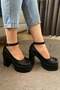 Women's Black Leather Ankle Strap (12 cm) Platform Heeled Shoes - 3