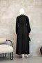 Asymmetrical Cut Belted Two-Color Long Hijab Dress - Black - 3