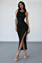 Black Midi Dress with Adjustable Slit and Drawstring Detail - 2