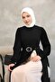 Asymmetrical Cut Belted Two-Color Long Hijab Dress - Black - 4
