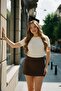 Mini Brown Shorts Skirt with Thin Metal Buckle Belt