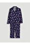 Navy Blue Shirt Collar Printed Women's Pajama Set (S6) - 5