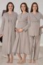 Women's Beige Long Sleeve Special Design Cotton Combed Cotton Maternity Nightgown Pajama Set - 3