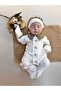 Hand Embroidered Khaki Rabbit Newborn Jumpsuit and Hat - 100% Cotton