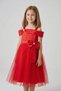 Girl's Red Satin and Tulle Detailed Dress with Bow at the Waist, Puffy Model, April 23, October 29 Dress - 3