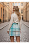 Women's Blue-Ecru Plaid Patterned Cashmere Mini Skirt Nj63 - 3