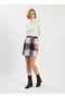 Women's Purple-Ecru Plaid Patterned Cashmere Mini Skirt Nj63 - 2
