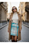 Women's Blue-Ecru Plaid Patterned Cashmere Mini Skirt Nj63 - 2
