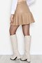 Women's Beige Half Pleated Faux Leather Mini Skirt Nj66 - 8