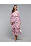 Floral Patterned Midi Dress with V-Neck and Long Sleeves