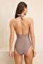 Brown Glittery Cast-On Accessory Leather N V-Neck Covered Regular Swimsuit Tbess26Ma00021 - 5