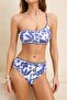 Mavi Tropikal Desenli Nakışlı Tek Omuz Kaplı Yüksek Bel Regular Bikini Takımı TBESS26BT00010 - 3