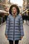Women's Grey Long, Hooded Light Puffer Coat – Fur, Zipper, Winter - 5