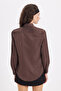 Women's Slim Fit slim fit body fitting long sleeve brown basic shirt with hidden button detail - 8