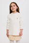 Girl's Ecru T-Shirt with Embroidered Long Sleeves and Stitched Collar and Cuffs - 6