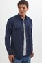 Men's Slim Fit Long Sleeve Sports Lapel Wash Double Pocket Dobby Denim Jeans Navy Blue Shirt - 5
