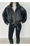Women's New Season P&B Oversized Bomber Women's Leather Jacket Oversized Relax Fit, Zippered Belt Detail
