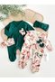 Leaf Digitally Printed Girls' Baby %100 Cotton Ribbed Knit 2 Rompers And Bandana 4-Piece Set newborn set