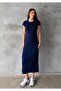 Women's Navy Blue Crew Neck Stretchy Long Dress - 5
