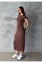 Women's Brown Crew Neck Stretchy Long Dress - 4