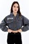 Women's Printed Hooded Denim Jacket Front Large Two Pockets Waist and Sleeve Elastic Bomber Coat Jacket - 5