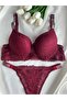 Women's Burgundy Lace Stoned Underwire Supported Padded Push up Bra Set Underwear Set - 2
