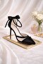 Milano 7 cm Heeled Shoes Black Satin with Pearls and Barettes, Mesh Evening Shoes - 3