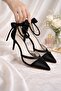 Milano 7 cm Heeled Shoes Black Satin with Pearls and Barettes, Mesh Evening Shoes
