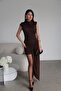 Padded High Neck Asymmetrical Detailed Maxi Long Premium Draped Dress
