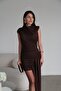 Padded High Neck Asymmetrical Detailed Maxi Long Premium Draped Dress - 6
