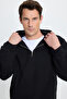 Unisex Relax Fit Relax Cut Cotton Fleece Inside Half Zip Black Hooded Sweatshirt - 2