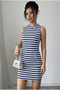 Women's Navy Blue Striped Hooded Kangaroo Pocket 2 Thread Knitted Fabric Hidden Zipper Sports Dress - 5