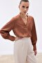 V-Neck Satin Blouse - Brown - 5