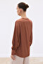 V-Neck Satin Blouse - Brown - 8
