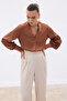 V-Neck Satin Blouse - Brown - 4