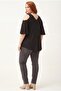 Women's Plus Size Front and Back V-Neck Stone Detailed Spanish Sleeve Black Blouse - 7